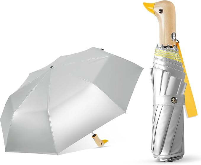 Cute Duck Umbrella Automatic - Compact Pretty Pocket Size Strong Duck Collapsible Umbrella Yellow Wooden Handle for Women