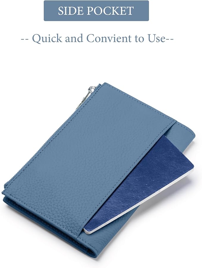 Leather Passport Holder for Women, Slim RFID Blocking Travel Wallet, Compact Passport Wallet with Zippered Coins Pocket and SIM Slots, Ladies Passport Cover Case