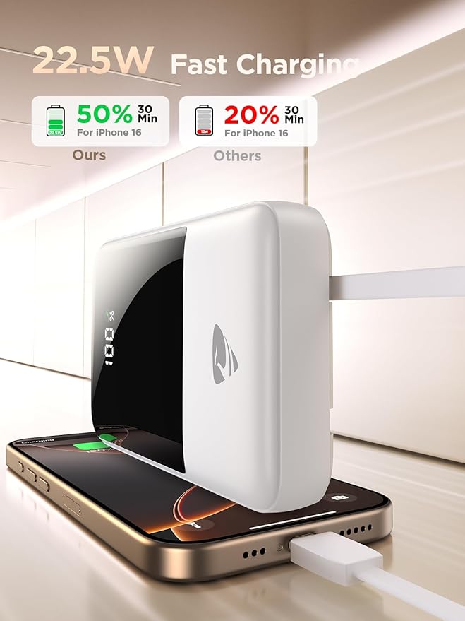 Aioneus 20000mAh Portable Charger, Power Bank with Built in Cables USB C 22.5W Fast Charging Battery Pack for iPhone 16 15 14 13 12 11 Pro Max, Samsung Galaxy S25 S24 S23 Android Phones (1Pack)