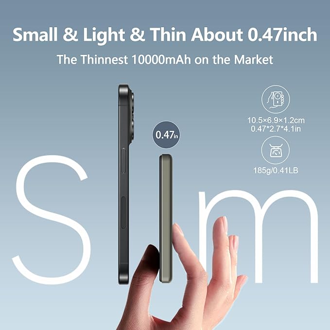LUCKYDUO Ultra Slim 10000mAh for Magnetic Portable Charger,0.47IN Thin Wireless Magnetic Power Bank, Compact Battery Pack with PD 20W Two Way USB-C Charging,Compatible with iPhone 16/15/14/13 Series