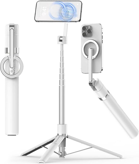 TONEOF 68" Magnetic Selfie Stick Tripod with Aluminum Strong Magnetic Holder for Magsafe, 360° Rotatable Travel Phone Tripod Stand with Metal Ring & Rechargeable Remote for iPhone/Android（White）
