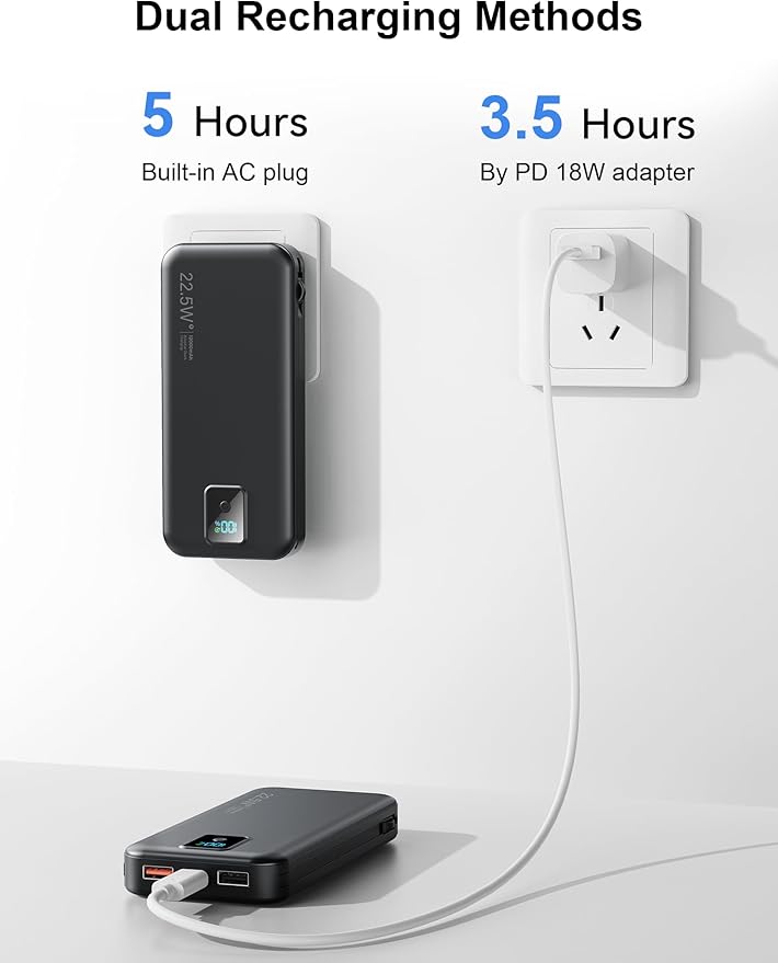 Portable Power Bank, 12000mAh 22.5W Fast Charging Phone Charger with Built-in Cables & Wall Plug, Travel Essential Battery Pack with LED Display, USB C Battery Charging Bank for iPhone, Samsung Black