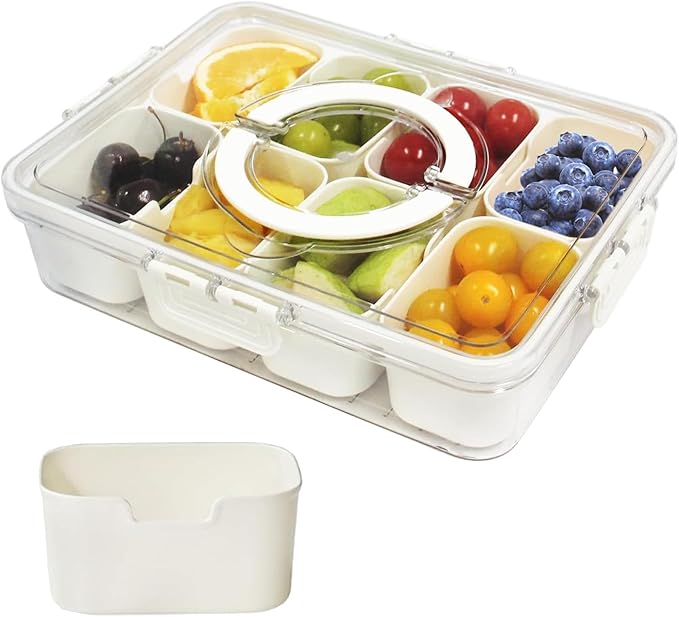 Divided Serving Tray with Lid & Handle, Plastic Portable Food Storage Container Snack Platters, 8 Removable Compartment Box for Parties, Reusable Appetizer Clear Organizer for Veggie, Candy, Fruit,Nut