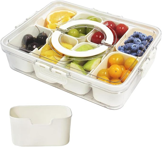 Divided Serving Tray with Lid & Handle, Plastic Portable Food Storage Container Snack Platters, 8 Removable Compartment Box for Parties, Reusable Appetizer Clear Organizer for Veggie, Candy, Fruit,Nut