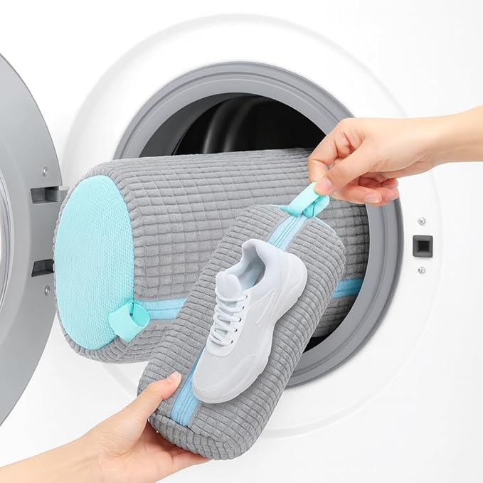 shoe washing machine bag & Drying Set – 2 Reinforced Wash Bags + 2 Dry Hooks + 2 Shoe Shapers for Sneakers & Sports Shoes | Washer & Dryer Safe (6PCS, Gray Bags)