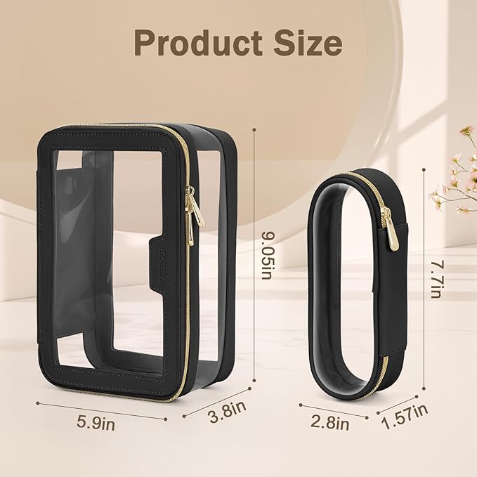 Travel Clear Makeup Bag with Makeup Brush Bag, Leather Makeup Case Toiletry Bag, Portable Cosmetic Bag Case, Transparent Waterproof Cosmetic Organizer Storage Bag for Women, Black