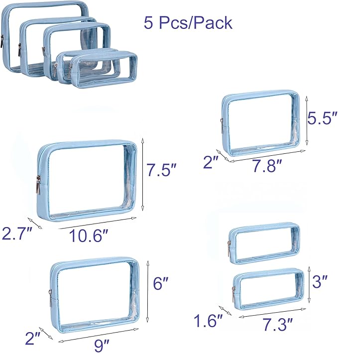 TSA Approved 5-Piece Diaper Bag Organizer Pouch Set Clear Waterproof TPU Kids Toiletry Storage Set Travel Packing Clutch Cube Bags for Baby Nursing