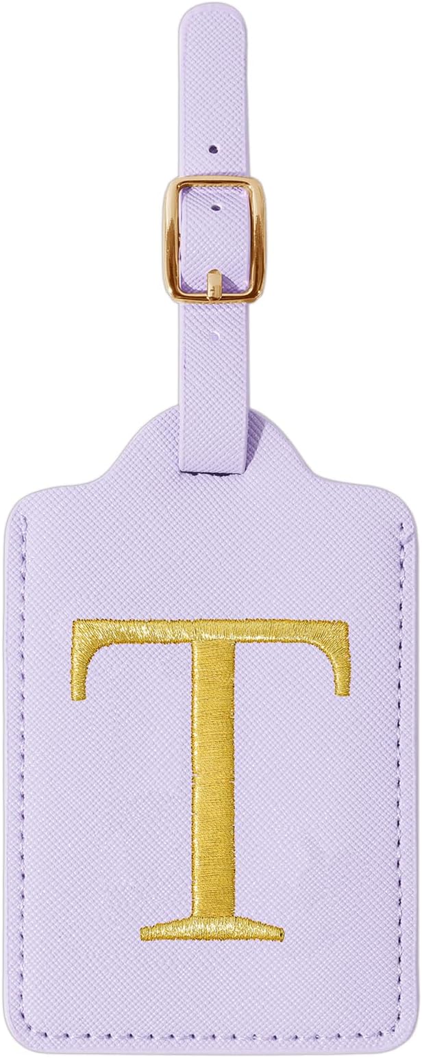 Personalized Initial Luggage Tags for Suitcase, Purple Leather Cute Luggage Tags with Privacy Cover Name Card, Embroidered Custom Monogrammed Luggage Tag Travel Backpack Tags Gifts for Women Kids(T)