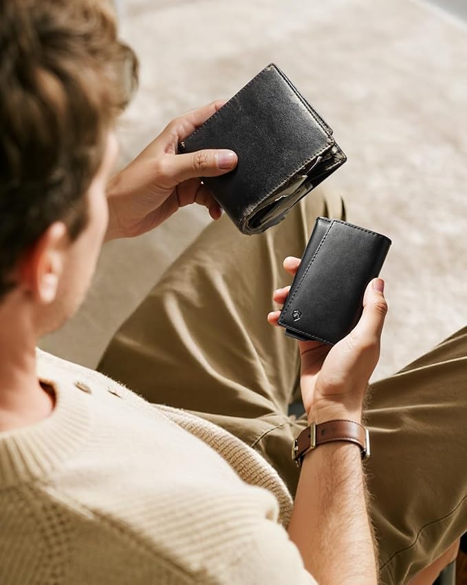 YESIIW Slim wallet for Men - Premium Genuine Leather Wallet - Pop up Smart Mens Wallet Card Holder for 7-9 Card Capacity | 1 ID Window | Cash Slot - Thin, Minimalist, Trifold, RFID Blocking (Black)