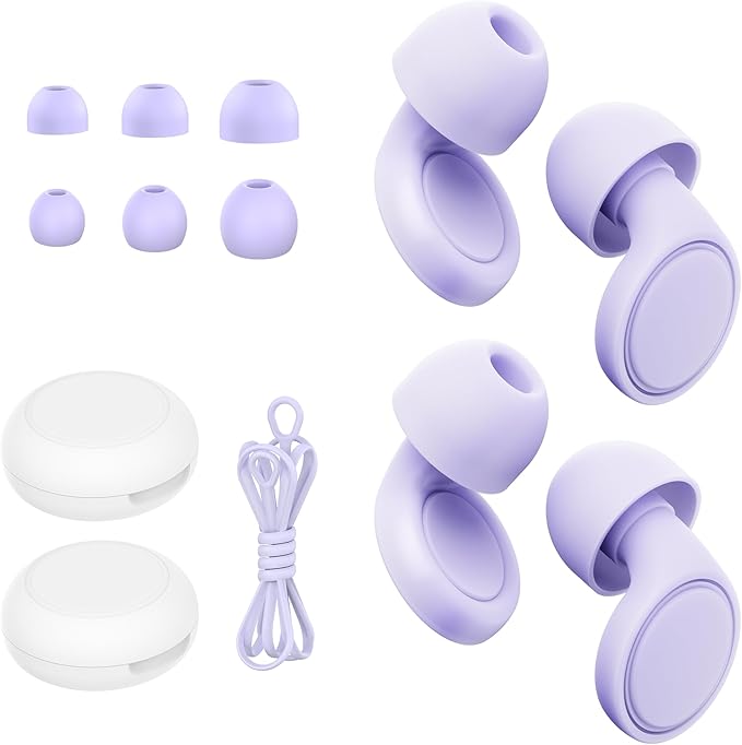 2 Pairs Ear Plugs for Sleeping, Soft Full Silicone Ear Plugs for Noise Reduction 25dB, Reusable Hearing Protection Earplugs for Concert, Focus, Noise Sensitivity, 8 Ear Tips in S/M/L - Purple