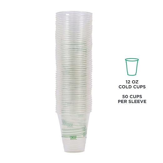 ECO PRODUCTS GreenStripe Clear Compostable 12oz PLA Plastic Cups, Case of 1000, Disposable Renewable Plant-Based Cold Cups, For Cold Drinks & Snacks, BPI Certified, ASTM Compliant.