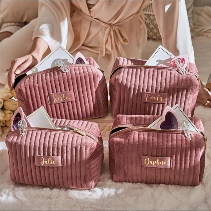 Personalized Makeup Bag with Name, Custom Velvet Cosmetic Bag for Women, Travel Toiletry Bag, Cosmetic Organizer Bag, Makeup Pouch, Bridesmaid Makeup Bag, Bachelorette, Gift for Girl Birthday, Wedding