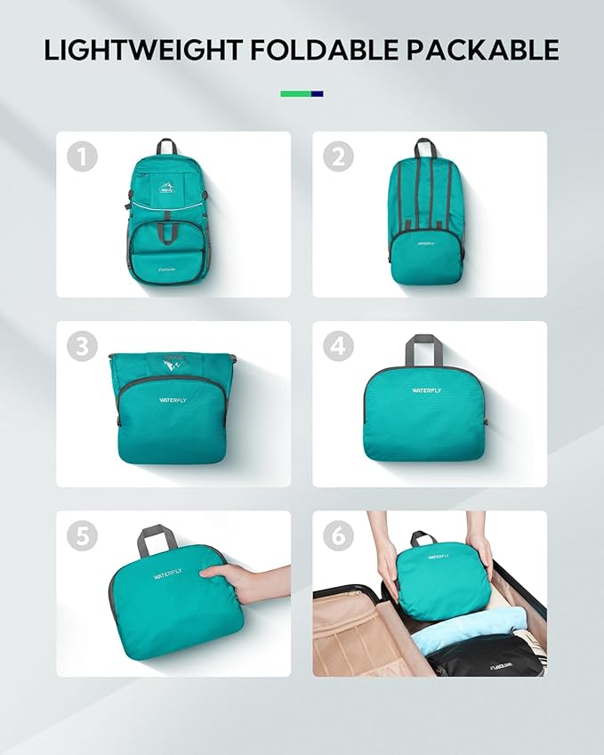 WATERFLY Hiking Packable Daypack Backpack: 35L Ultra Lightweight Day Pack for Woman Man - Large Compact Folding Back Pack for Outdoor Sport Cycling Camping Travel Trip - Turquoise