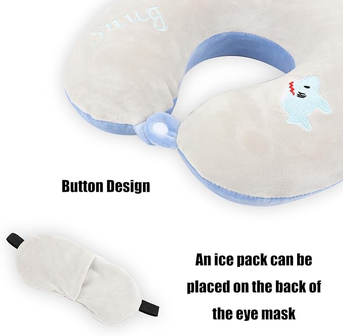 Kids Neck Pillow for Travel with Sleep Eye Mask, Cute Travel Neck Pillow, Memory Foam Flight Sleeping Headrest Pillow for Boys & Girls, Airplane, Train, Car, Home Use - Little Shark