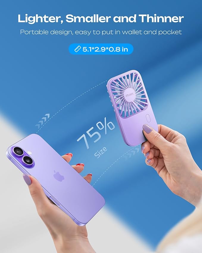 Otlonpe Rechargeable Mini Portable Handheld Fan, Small Personal Battery Powered Handheld Portable Fans for Hand Held Desktop Travel, Foldable Stand, Slim Cordless, Wrist Strap, 3-Speed (Purple)