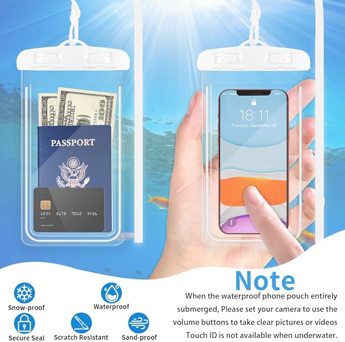 Waterproof Phone Pouch, 2 Pack Clear Water Proof Cell Phone Case, Phone Wet Dry Bag Holder Beach Vacation Waterpark Underwater Cruise Essentials Accessories Must Haves Packing List Stuff for Men Women