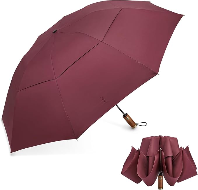G4Free 54 Inch Inverted Windproof Umbrella with Wooden Handle, Large Double Canopy Auto Open & Close Golf Umbrella, Portable & Durable Rain Umbrella, Fits Car & Backpack