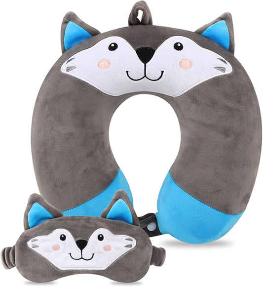 Sexysamba Travel Pillow for Kids Adults with Sleep Eye Mask Cute Cartoon U Shaped Memory Foam Neck Pillows for Travel Head Rest & Neck Support for Airplane, Car, Office Sleeping, Grey Wolf