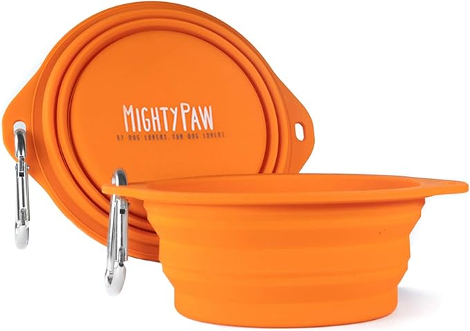 Mighty Paw Collapsible Travel Dog Bowl Set - Silicone Food and Water Bowls - Bonus Carabiner Clip - Ideal Hiking - Camping - Walking - Lightweight - Leak-Proof Dog Set - Orange - 2 Pack (27 oz)
