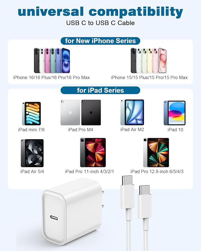 USB C Charger for iPhone 16/15 Charger Fast Charging,Type C Charge Apple Fast USB C Wall Chargers Block Adapter 6FT Long USBC Charging Cable Cord for iPhone 16 Pro Max/iPhone 15 Plus/iPad Pro/Air/Mini