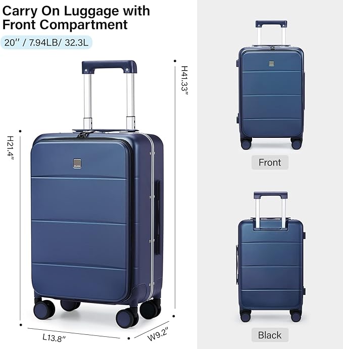 MILADA Carry On Luggage 22x14x9 Airline Approved Spinner Wheels TSA Luggage 20 Inch Hard Shell Suitcases Front Opening Pocket Rolling Aluminum Frame Travel Luggage,Dark Blue