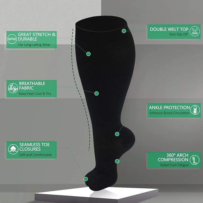 3 Pack Plus Size Compression Socks for Women & Men, Extra Wide Calf Knee High Stockings for Circulation Support