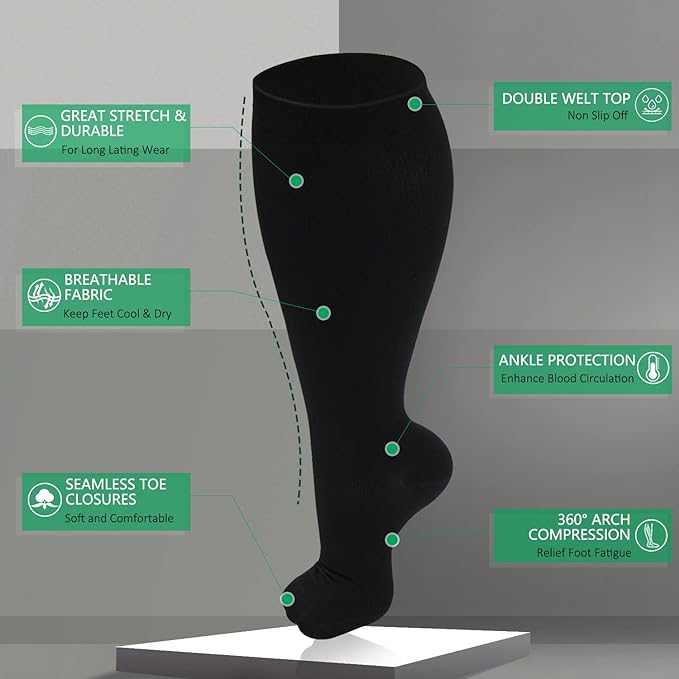 3 Pack Plus Size Compression Socks for Women & Men, Extra Wide Calf Knee High Stockings for Circulation Support