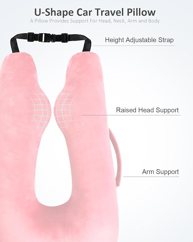 Car Travel Pillow for Kids Adults, Raised Padding Head and Neck Support Car Seat Sleeping Pillow for Toddlers, Portable U Shaped Body Pillow for Car Seat On Road Trip (Pink)