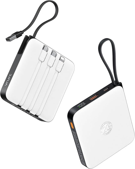 VRURC 20000mAh Portable Charger with Built-in Cables, Travel Essentials, Power Bank PD 20W for iPhone Fast Charging Battery Pack, for iPhone 16 15 14 13 12 11 x Samsung Galaxy Series, White(1 Pack)