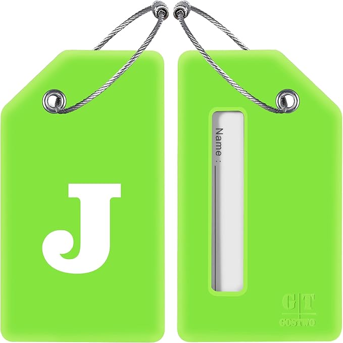 Gostwo 2 Pack Silicone Luggage Tags for Suitcases, 26 Initial Letter Baggage Labels Handbag School Bag Suitcase Instrument Tag with Stainless Steel Loop(Green)(Letter J)