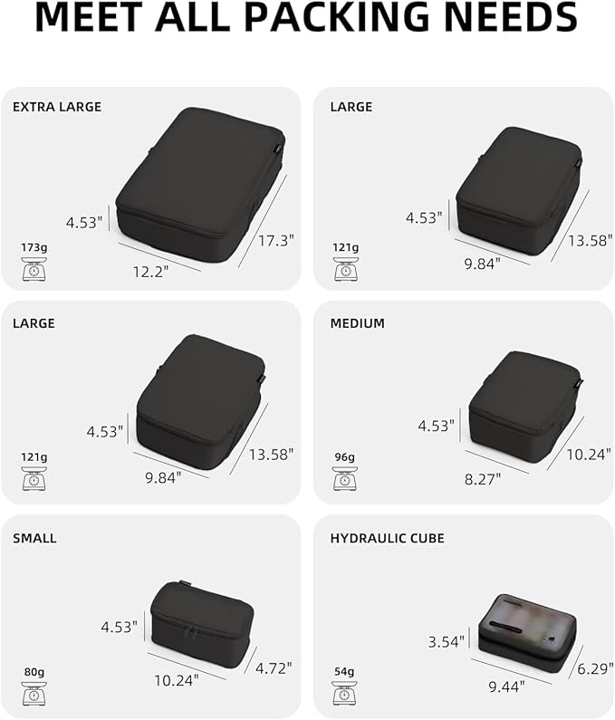 6 Set Compression Packing Cubes for Travel, Large Medium Small Luggage Organizers, Storage Bags for Clothes (6 Pack, Jet Black)