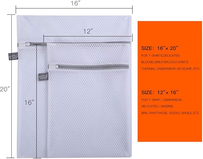 Kimmama Laundry Mesh Wash Bags, Lingerie Bags for Washing Delicates, White Net, Grey Zipper, 1L & 1M