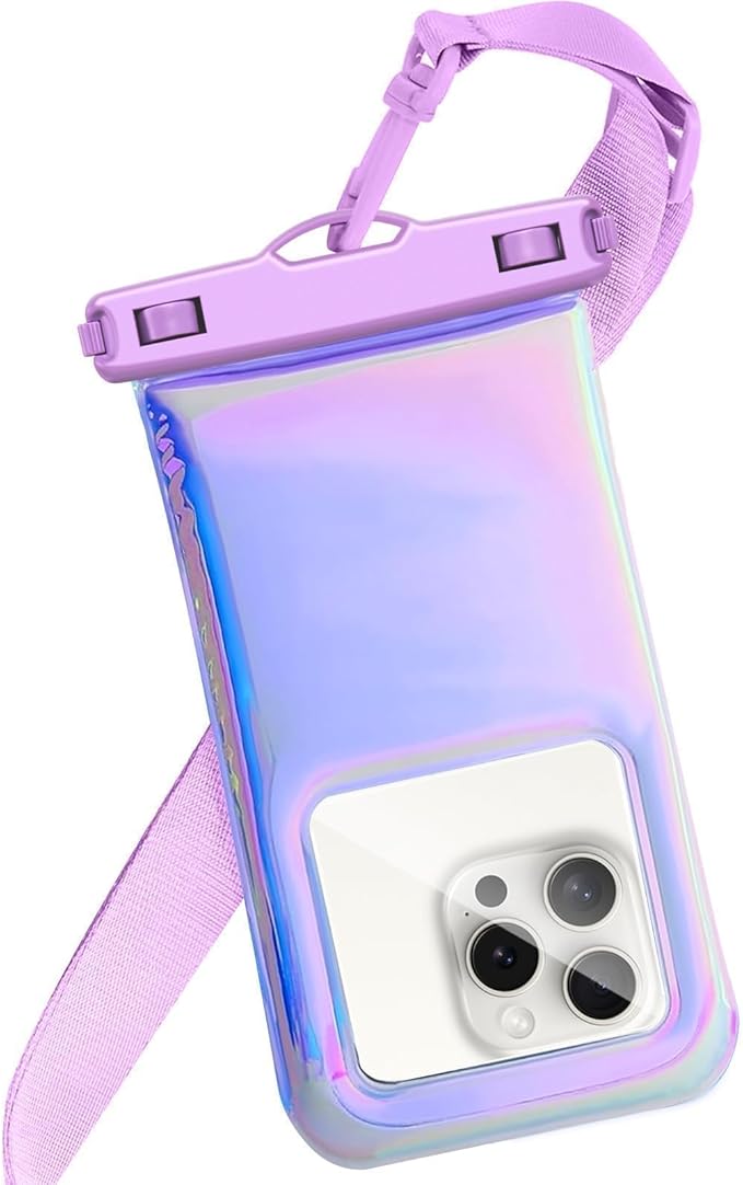 Floatable Waterproof Phone Pouch Case for iPhone 17 16 Pro Max/15/14/13/12, IP68 Travel Cellphone Dry Bag Beach Cruise Ship Essentials Bags with Crossbody Lanyard, Iridescent Purple - 7″