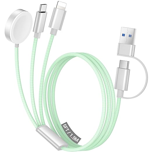 Temdan for Travel Vacation Essentials,3 in 2 USB C Cable for Apple Watch Charger/iPhone 17 Charger/Lightning,Multi Charging Cable Cord,Camping Essentials,Designed for iWatch &iPhone 16-12-5FT Green