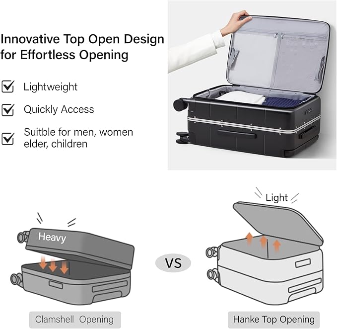 Hanke Top Opening 24 Inch Luggage with Spinner Wheels, Aluminum Frame All-PC Hard Shell Medium Suitcase, Zipperless Trunk Wide Handle Luggage, TSA Checked-Medium(Jet Black, 69L)