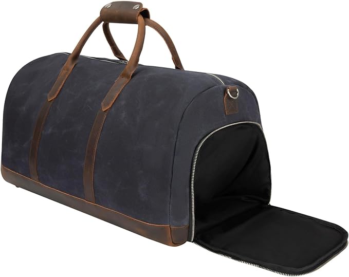 Waxed Canvas Weekender Duffle Bag, Vintage Style Travel Bag with Leather Trim, Army Green (Black)