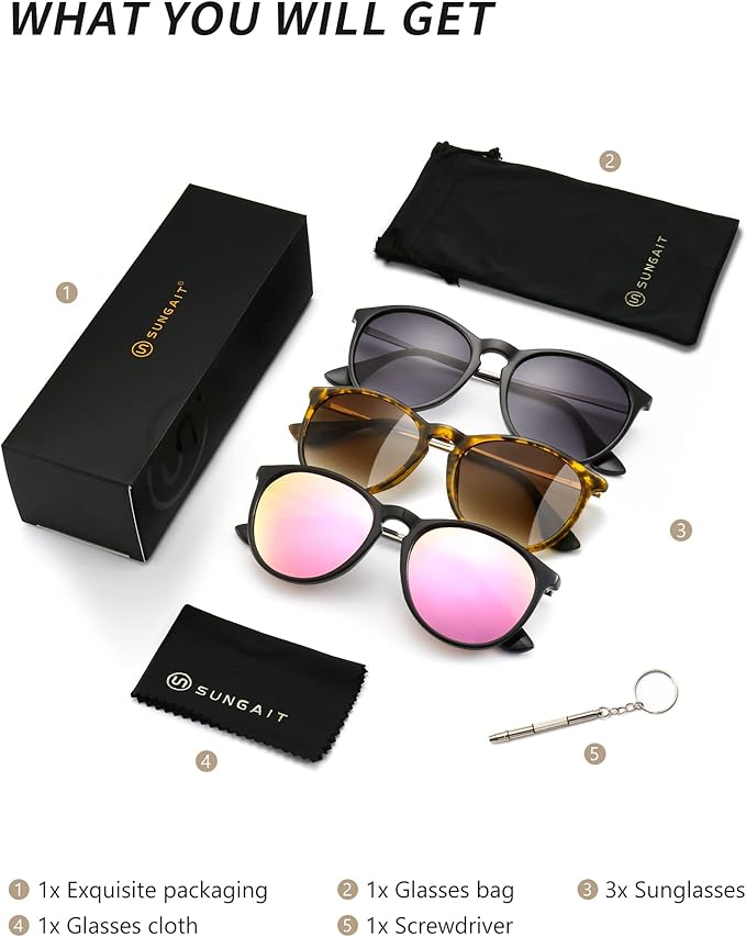 SUNGAIT Premium Vintage Round Sunglasses for Women Men Classic Retro Trendy Style