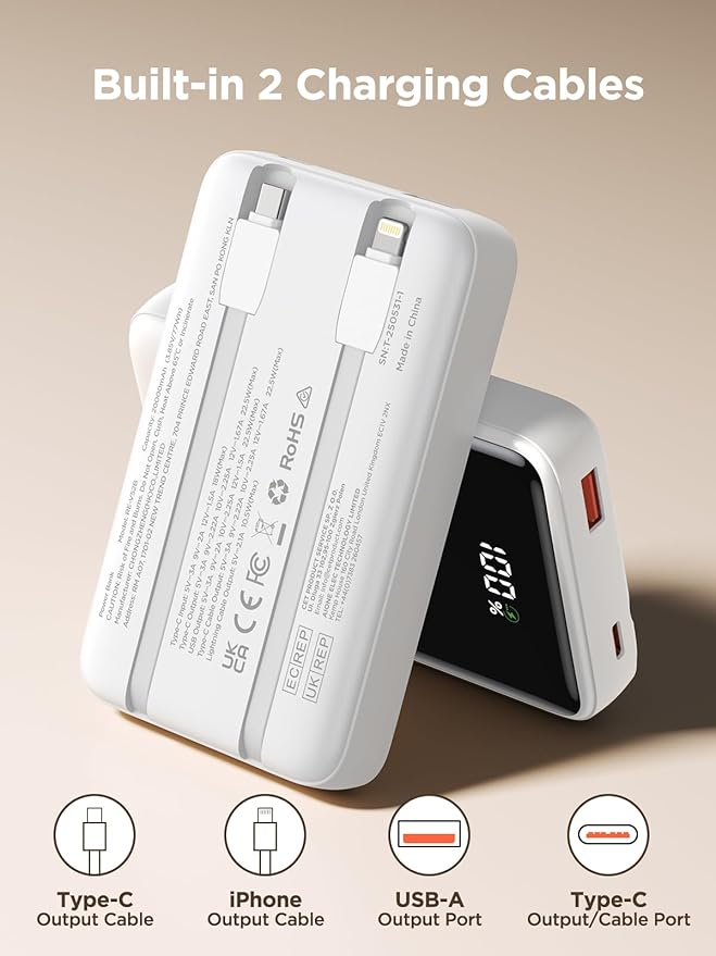 Aioneus 20000mAh Portable Charger, Power Bank with Built in Cables USB C 22.5W Fast Charging Battery Pack for iPhone 16 15 14 13 12 11 Pro Max, Samsung Galaxy S25 S24 S23 Android Phones (1Pack)