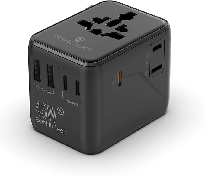 7 in 1 Travel Adapter Worldwide w/GaN 45W, 2 USB-A (15W), 3 USB-C (45W), 2 AC Outlets, Safety Certified International Plug Adapter for Universal Laptop, Phone, Camera for US, EU, UK, AU