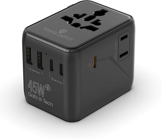 7 in 1 Travel Adapter Worldwide w/GaN 45W, 2 USB-A (15W), 3 USB-C (45W), 2 AC Outlets, Safety Certified International Plug Adapter for Universal Laptop, Phone, Camera for US, EU, UK, AU