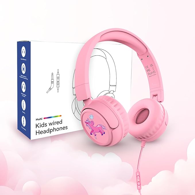 K6 Kids Headphones, 85/94dB Volume Limit Wired Headphones for Kids,3.5mm Jack Foldable Stereo Sound Toddler Headset with Mic, On-Ear Headphone for Smartphones/iPad/Tablet/Plane/Travel (Pink)