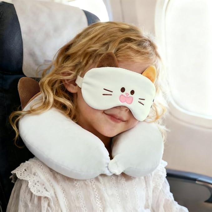Kids Neck Pillow for Travel with Sleep Eye Mask, Cute Travel Neck Pillow, Memory Foam Flight Sleeping Headrest Pillow for Boys & Girls, Airplane, Train, Car, Home Use - Tricolor Cat