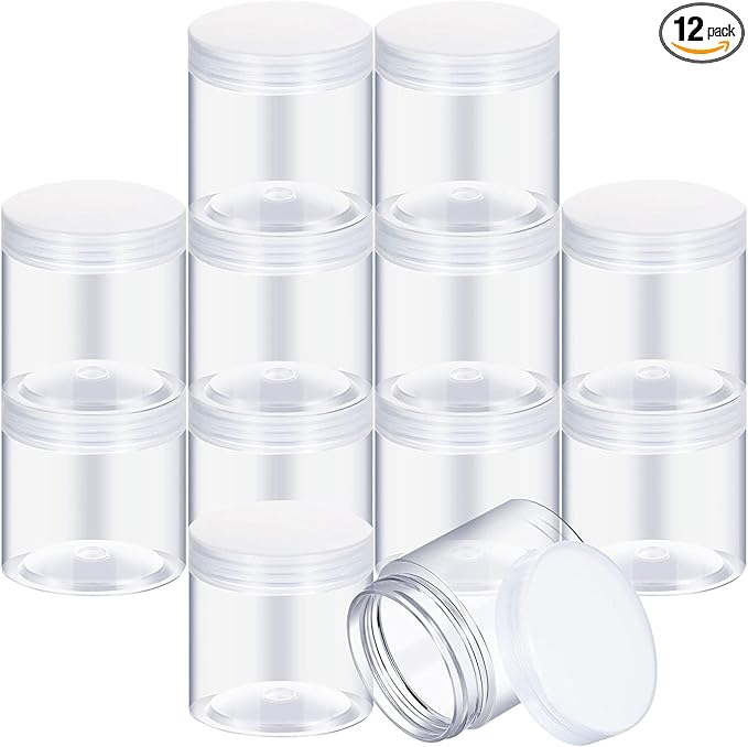 SATINIOR 12 Pack 7 oz Plastic Container Jars with Lids Round Clear Travel Cosmetic Container Jars for Toiletries, Lotion, Cream, Ointments, Makeup, Rhinestone, Samples, Kitchen Storage(Clear)