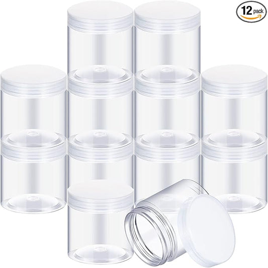 SATINIOR 12 Pack 7 oz Plastic Container Jars with Lids Round Clear Travel Cosmetic Container Jars for Toiletries, Lotion, Cream, Ointments, Makeup, Rhinestone, Samples, Kitchen Storage(Clear)