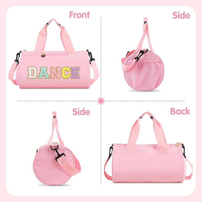 Personalized Dance Duffel Bags for Girls, Cute Colorful Chenille Letter Dance Ballet Workout Bag Gifts for Teen Girls, Waterproof Toddler Travel Weekender Duffel Bag with Adjustable Straps(Pink)