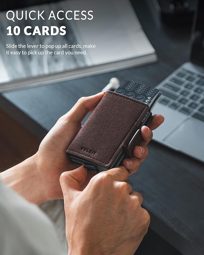 VULKIT Credit Card Holder RFID Blocking Leather Automatic Pop Up Wallet Magnetic Wallet Double Card Case for Men and Women