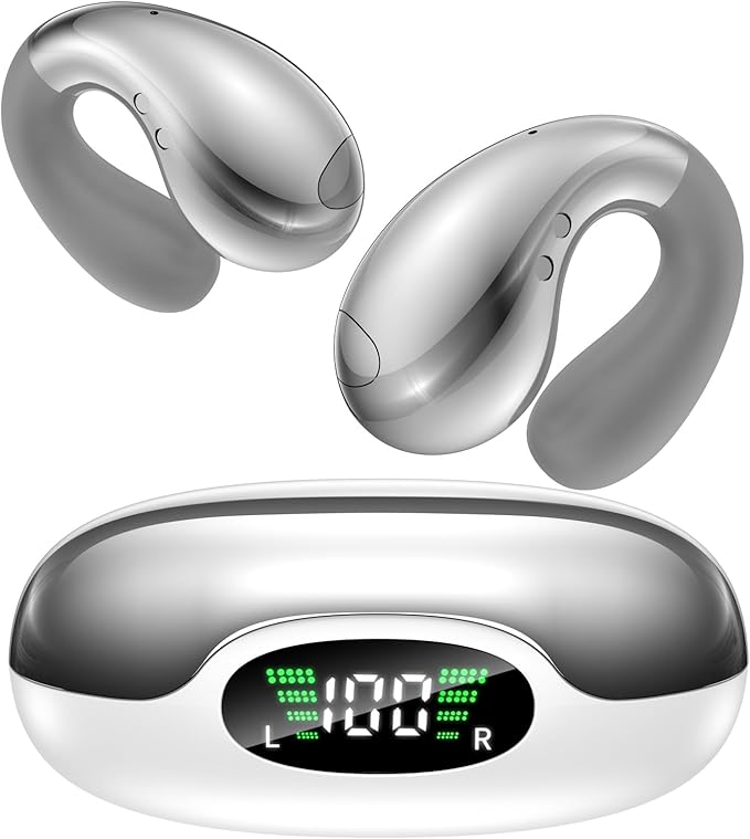 Ultra Open Ear Earbuds - Ergonomic Clip-On Earbuds, Bone Conduction Over-The-Ear Headphones with Waterproof Design and Secure Fit for Small Ears, Crystal Silver