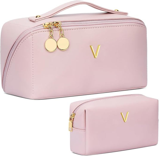 Birthday Gifts for Women Teen Girl, Personalized Initial Makeup Organizer Bag Set, Open Flat Travel Cosmetic Bag With Clear Divider and Handle(Pink,V)