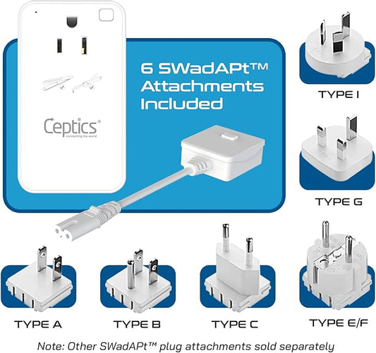 Ceptics Step Down Voltage Converter US to Europe - 200W Convert 220V to 110V for Curling Iron, Straightener, Charger – USB-A & C Fast Charging – SwadApt Type A, B, C, E/F, G, I Included