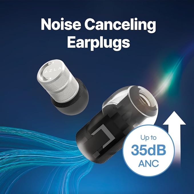 AZLA POM1000 II – Noise Cancelling Ear Plugs for Sleeping, Airplane Travel, Motorcycles, Shooting, Concerts – 35dB Hearing Protection, Adjustable Vent, Metal Case, 6 Ear Tips